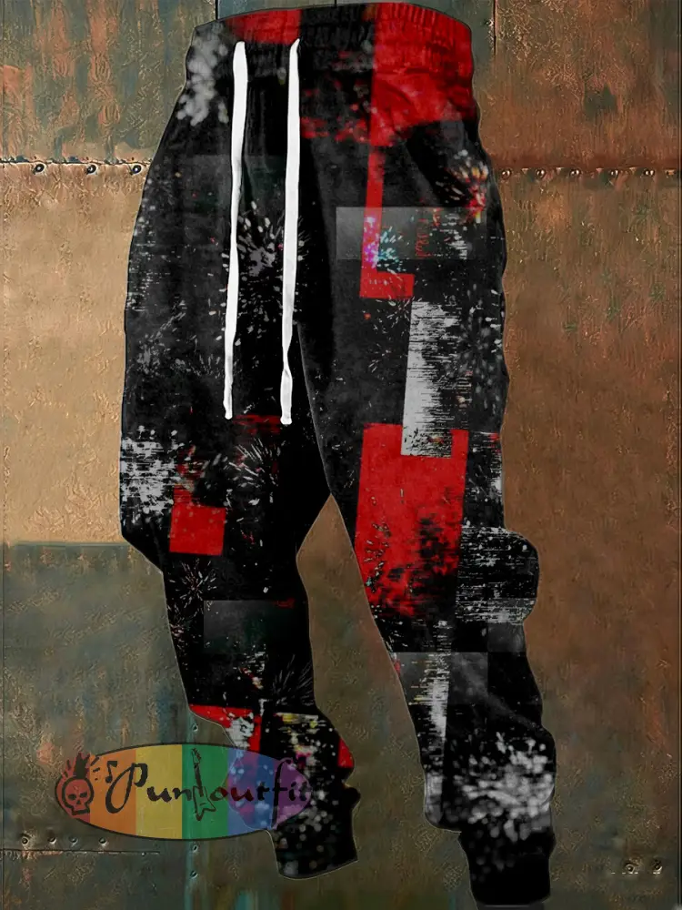 Men’s Dynamic Red-Black Firework-Print Sweatpants