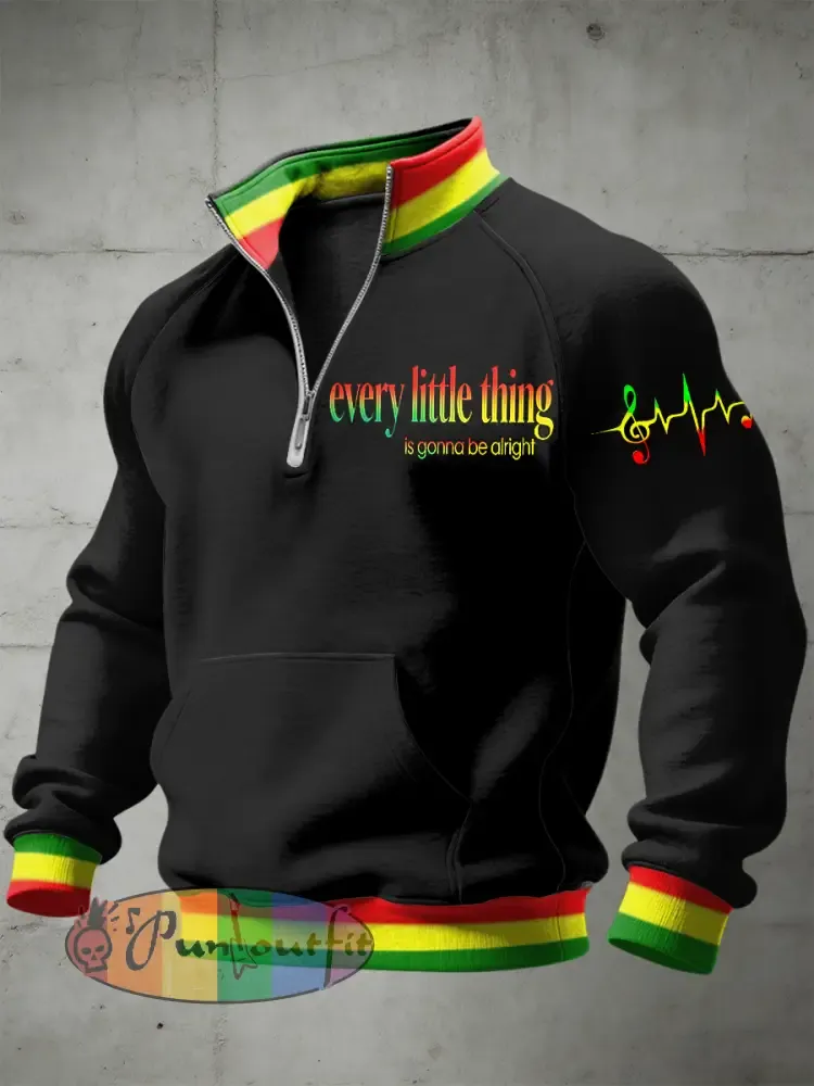 Men’s Reggae Printed Half Zip Stand Up Collar With Raglan Sleeves Sweatshirt