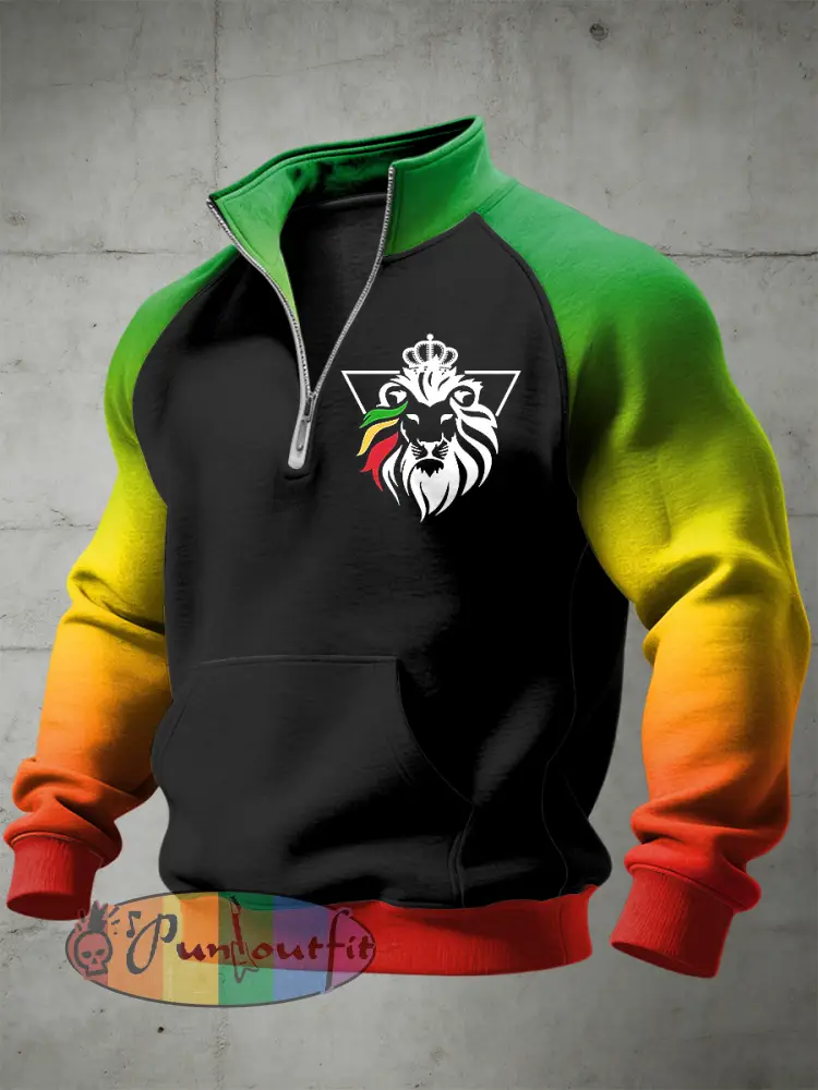 Men’s Reggae Printed Half Zip Stand Up Collar With Raglan Sleeves Sweatshirt