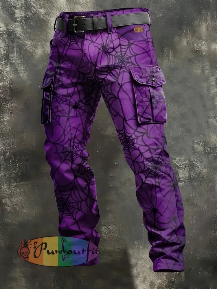 Men’s Retro Vacation Business Spider Web Art Print Casual Workwear Trousers