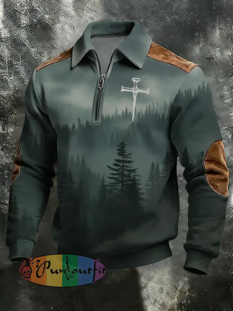 Men’s Vintage Faith Cross Casual Printed Zip-Up Hoodie