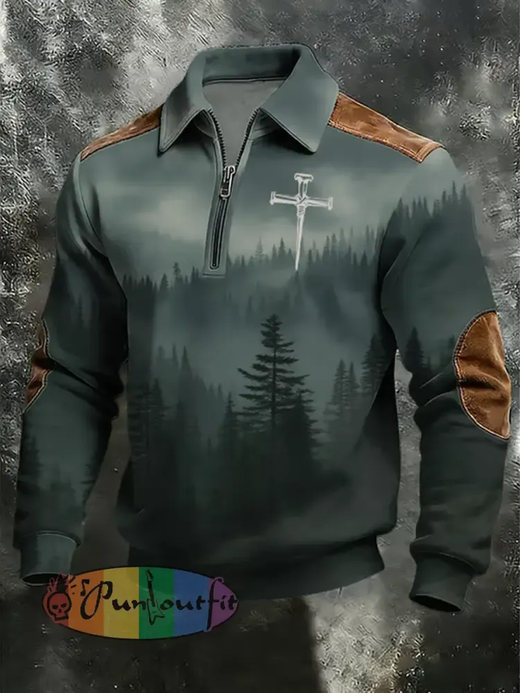 Men’s Vintage Faith Cross Casual Printed Zip-Up Hoodie