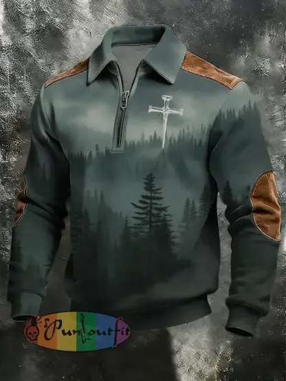 Men’s Vintage Faith Cross Casual Printed Zip-Up Hoodie