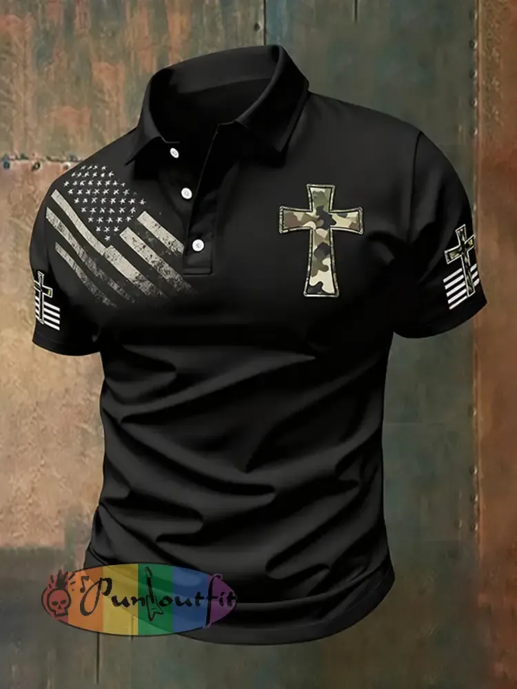 Men’s Vintage Casual Faith Cross Patriot Button-Down Short Sleeve polo shirt