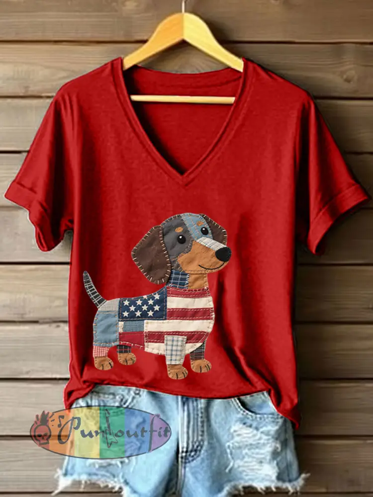 Women’s Lovely Dachshund Patchwork Pattern V-Neck T-Shirt