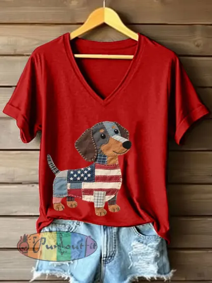 Women’s Lovely Dachshund Patchwork Pattern V-Neck T-Shirt