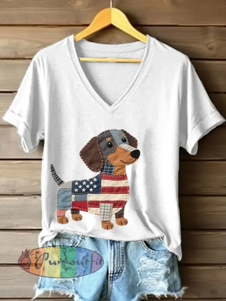 Women’s Lovely Dachshund Patchwork Pattern V-Neck T-Shirt