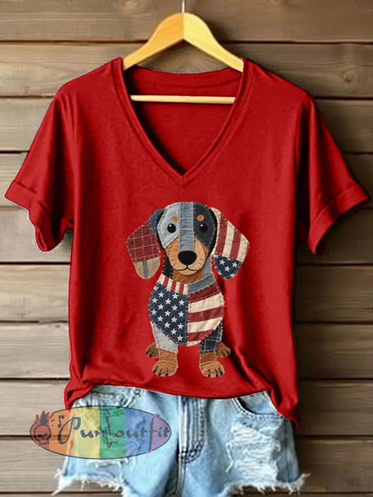 Women’s Lovely Dachshund Patchwork Pattern V-Neck T-Shirt