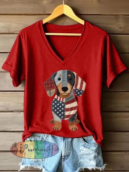 Women’s Lovely Dachshund Patchwork Pattern V-Neck T-Shirt