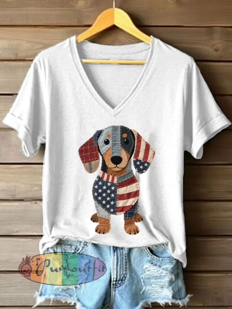 Women’s Lovely Dachshund Patchwork Pattern V-Neck T-Shirt