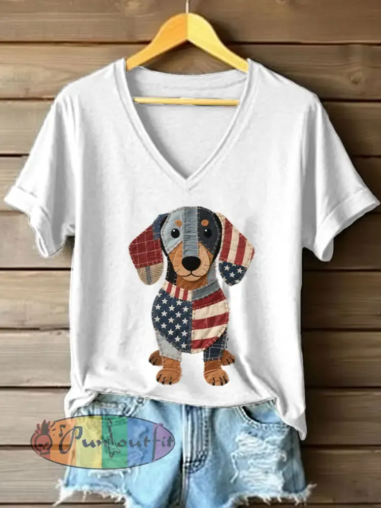 Women’s Lovely Dachshund Patchwork Pattern V-Neck T-Shirt