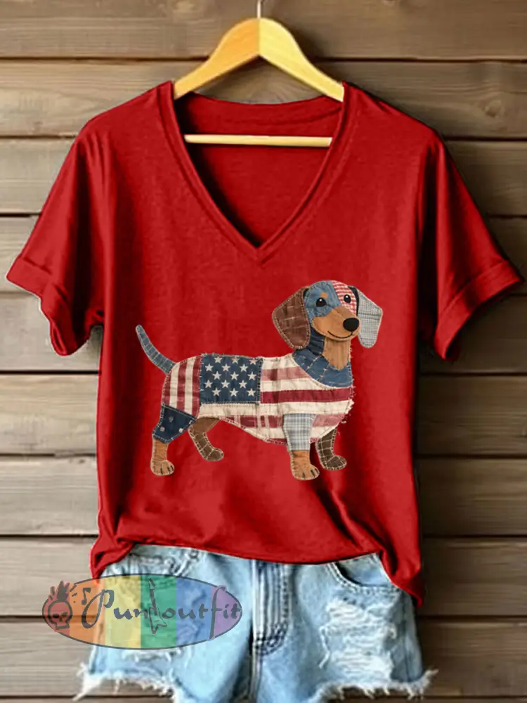 Women’s Lovely Dachshund Patchwork Pattern V-Neck T-Shirt