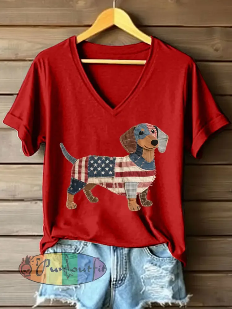 Women’s Lovely Dachshund Patchwork Pattern V-Neck T-Shirt