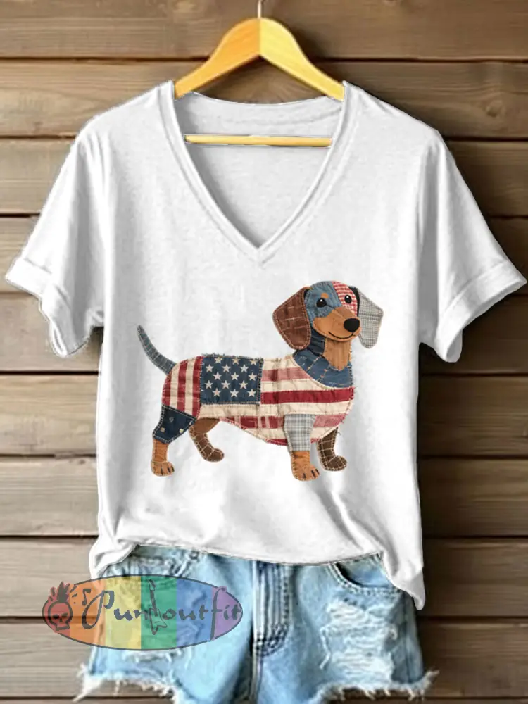 Women’s Lovely Dachshund Patchwork Pattern V-Neck T-Shirt