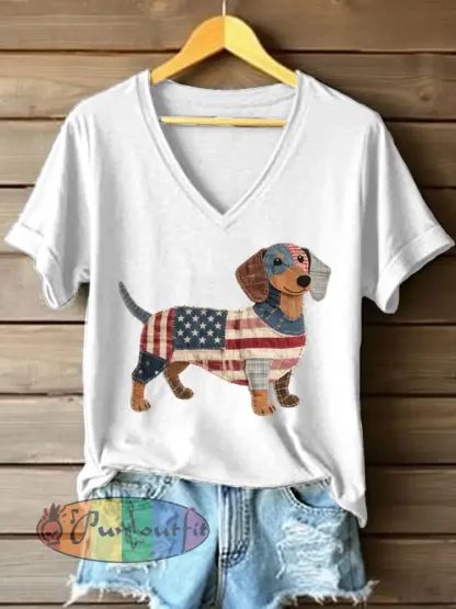 Women’s Lovely Dachshund Patchwork Pattern V-Neck T-Shirt