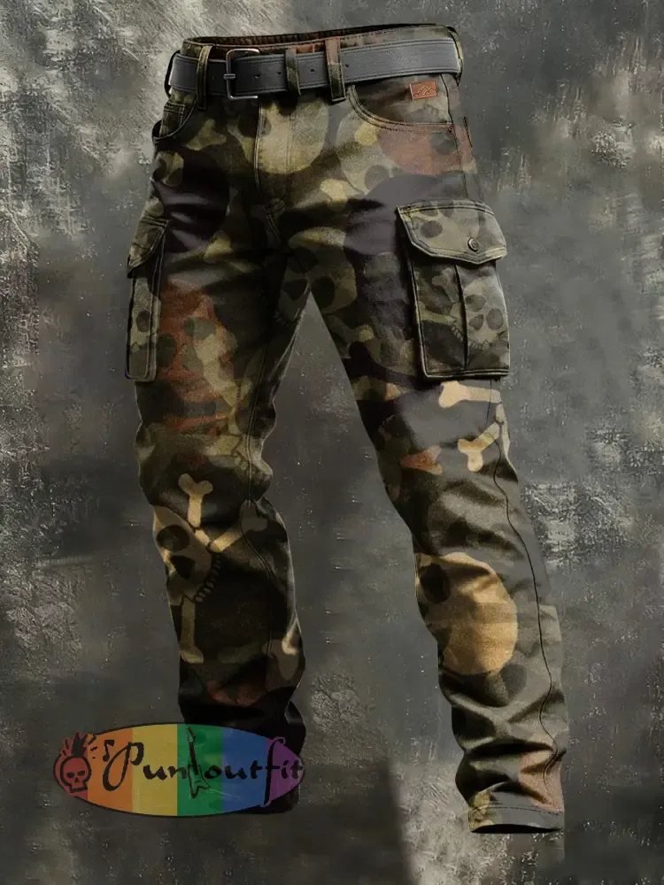 Men’s Retro Vacation Business Skull Art Print Casual Workwear Trousers