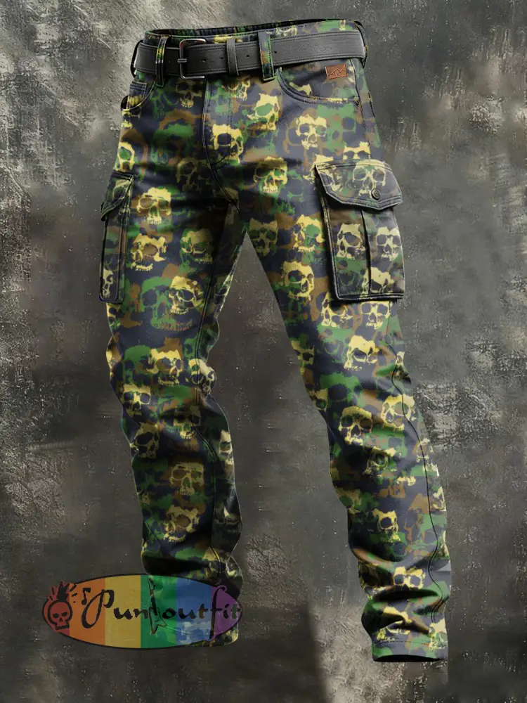 Men’s Retro Vacation Business Skull Art Print Casual Workwear Trousers