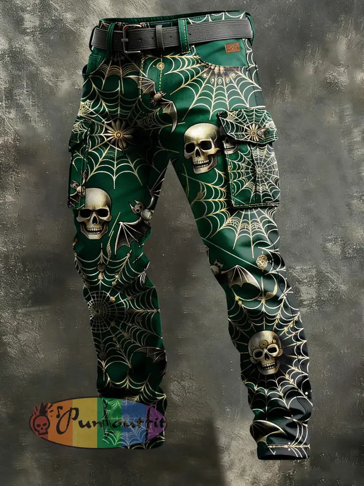 Men’s Retro Vacation Business Spider Web Skull Art Print Casual Workwear Trousers