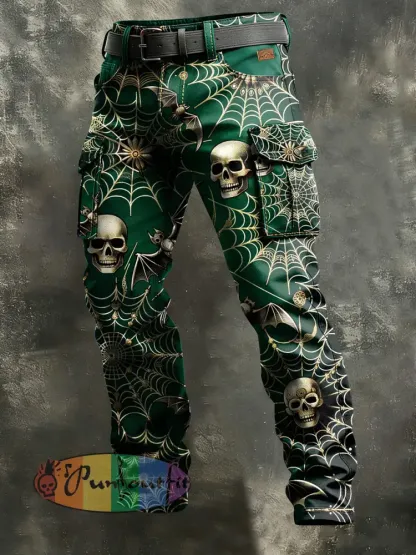 Men’s Retro Vacation Business Spider Web Skull Art Print Casual Workwear Trousers