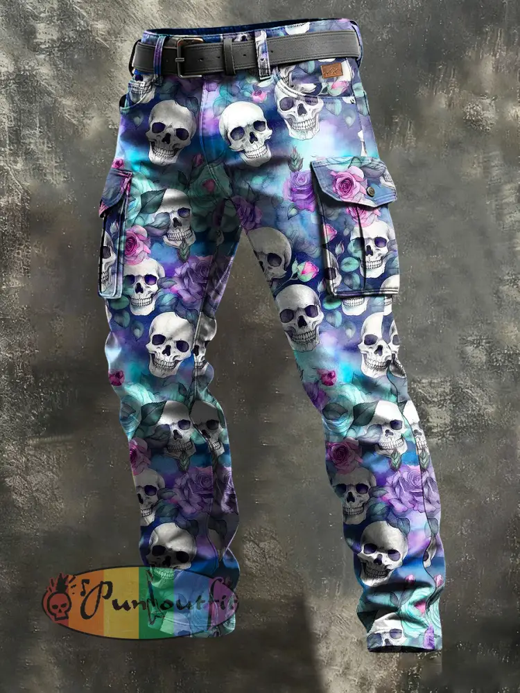 Men’s Retro Vacation Business Skull Art Print Casual Workwear Trousers