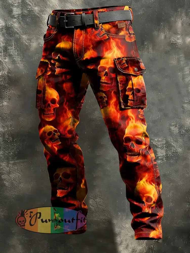 Men’s Retro Vacation Business Flame Skull Art Print Casual Workwear Trousers