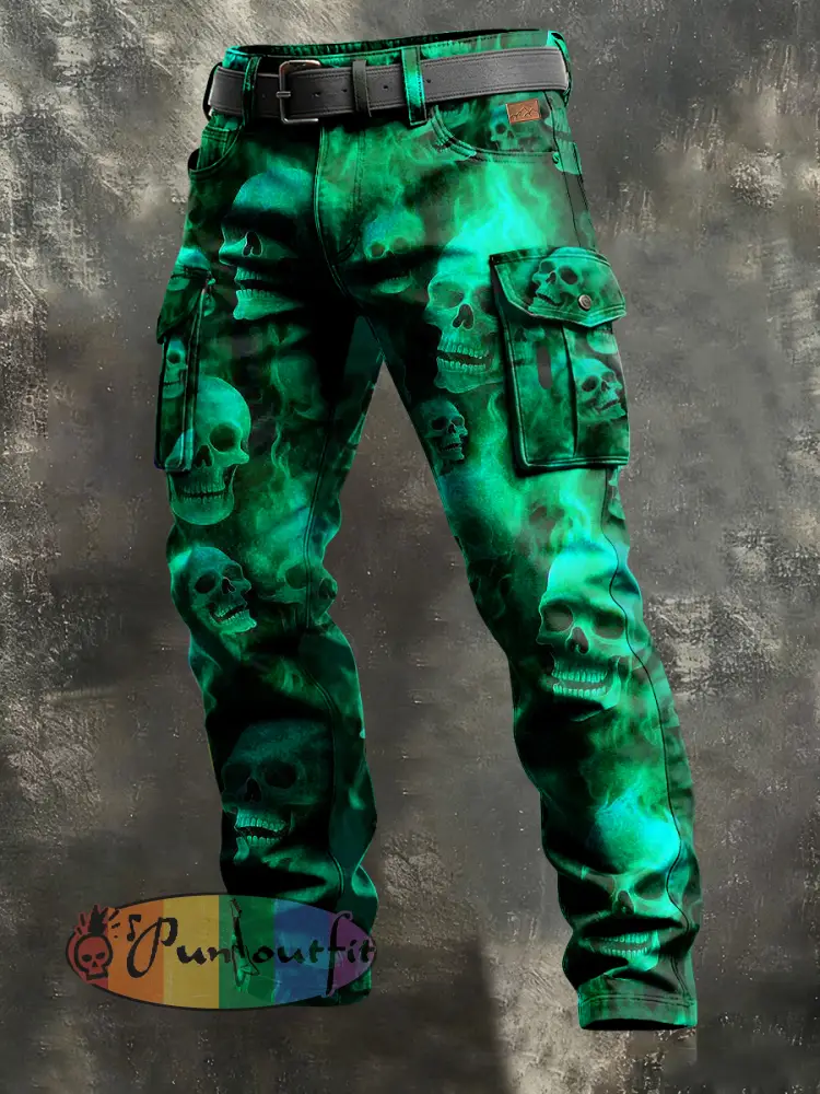 Men’s Retro Vacation Business Flame Skull Art Print Casual Workwear Trousers