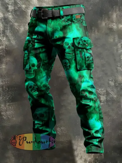 Men’s Retro Vacation Business Flame Skull Art Print Casual Workwear Trousers