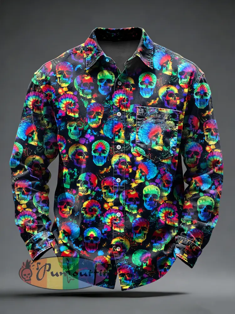 Men’s Retro Punk Psychedelic Skull Printed Long Sleeved Pocket Shirt