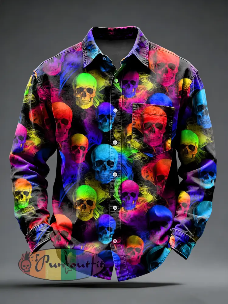 Men’s Retro Punk Psychedelic Skull Printed Long Sleeved Pocket Shirt