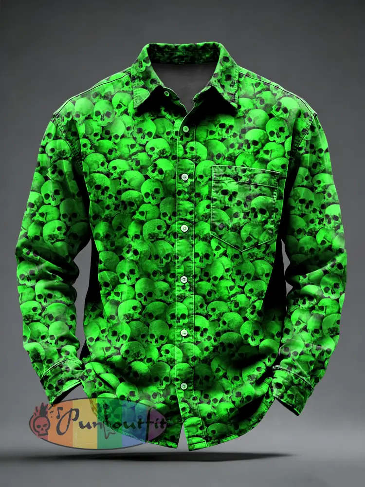 Men’s Retro Punk Psychedelic Skull Printed Long Sleeved Pocket Shirt