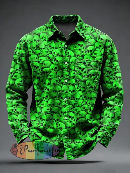 Men’s Retro Punk Psychedelic Skull Printed Long Sleeved Pocket Shirt