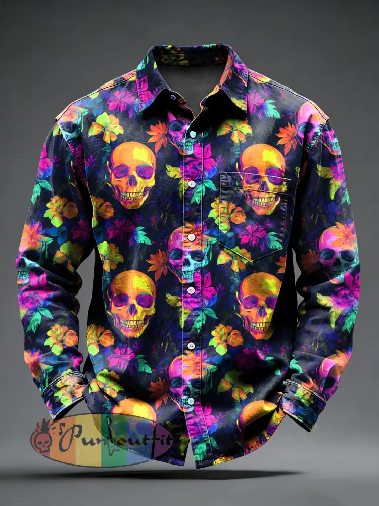 Men’s Retro Punk Psychedelic Skull Printed Long Sleeved Pocket Shirt