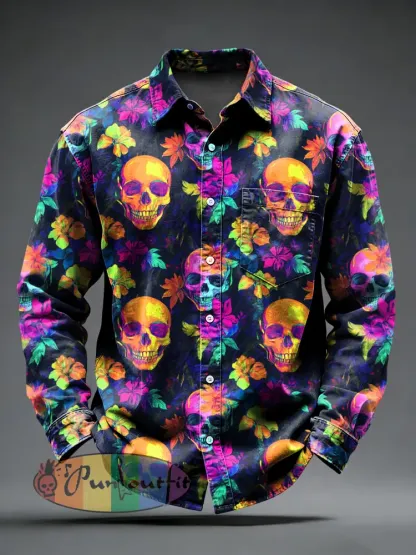 Men’s Retro Punk Psychedelic Skull Printed Long Sleeved Pocket Shirt