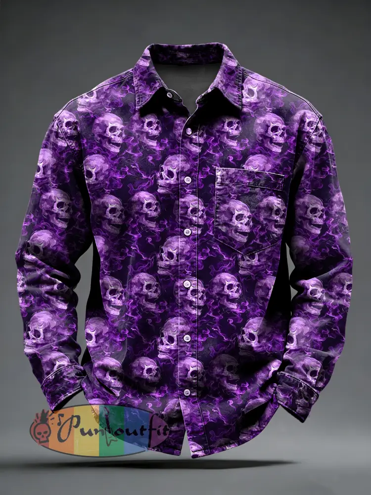 Men’s Retro Punk Psychedelic Skull Printed Long Sleeved Pocket Shirt
