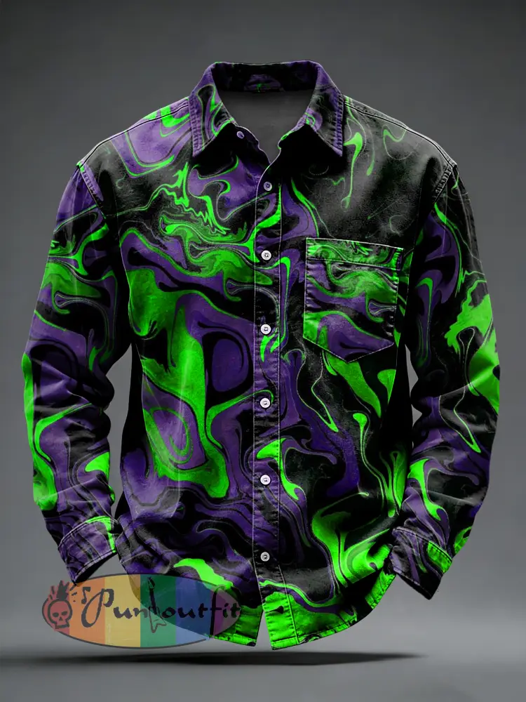 Men’s Retro Punk Psychedelic Printed Long Sleeved Pocket Shirt