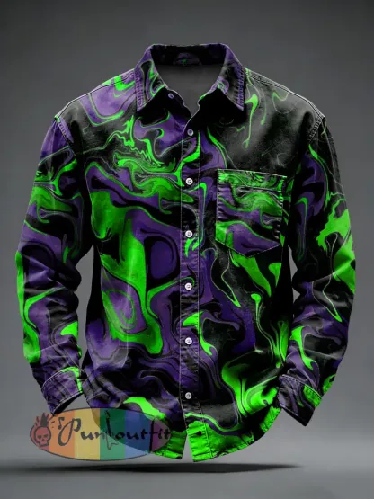 Men’s Retro Punk Psychedelic Printed Long Sleeved Pocket Shirt