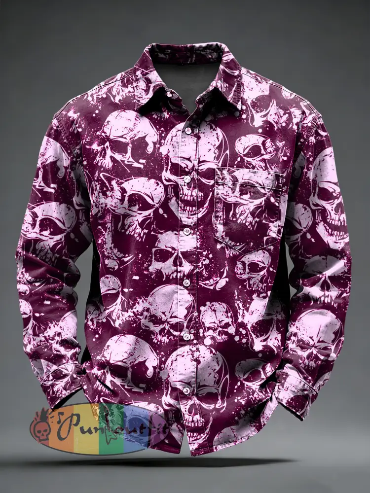 Men’s Retro Punk Skull Printed Long Sleeved Pocket Shirt