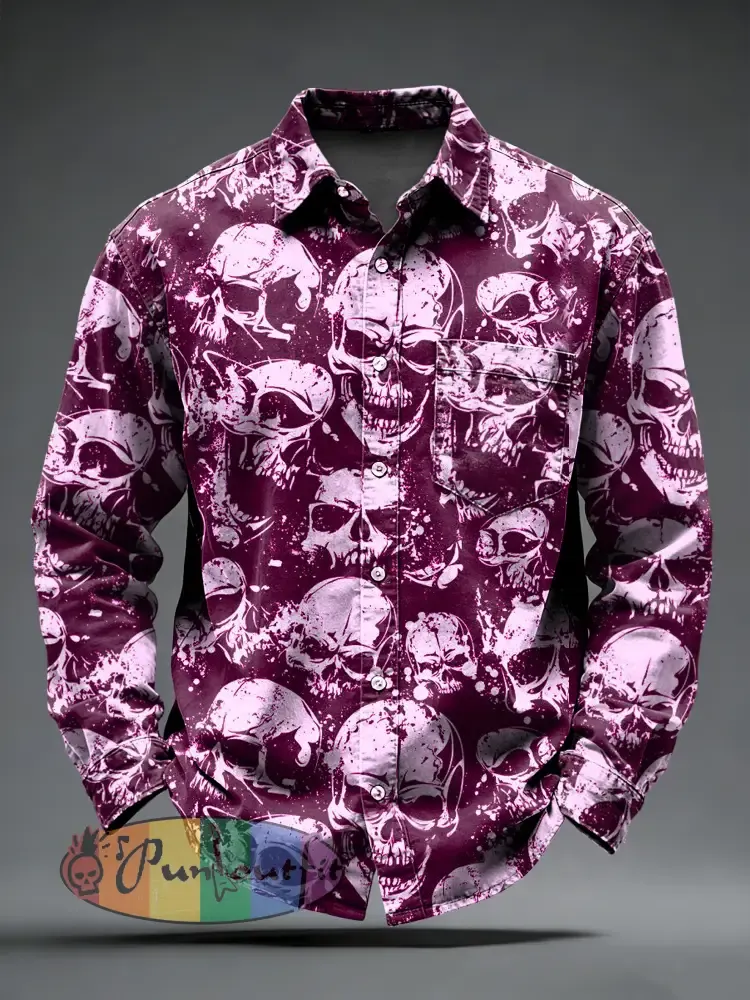 Men’s Retro Punk Skull Printed Long Sleeved Pocket Shirt