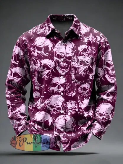 Men’s Retro Punk Skull Printed Long Sleeved Pocket Shirt