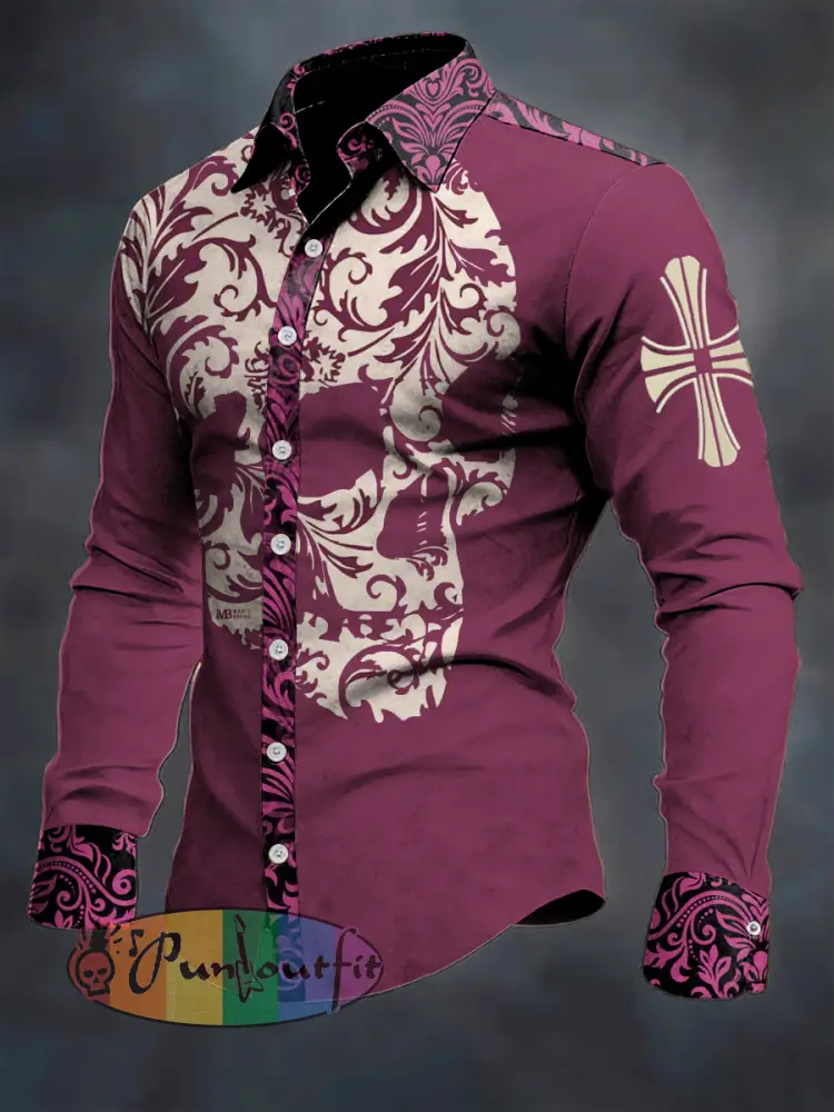 Men’s Skull Flower Printed Long Sleeve Casual Shirt