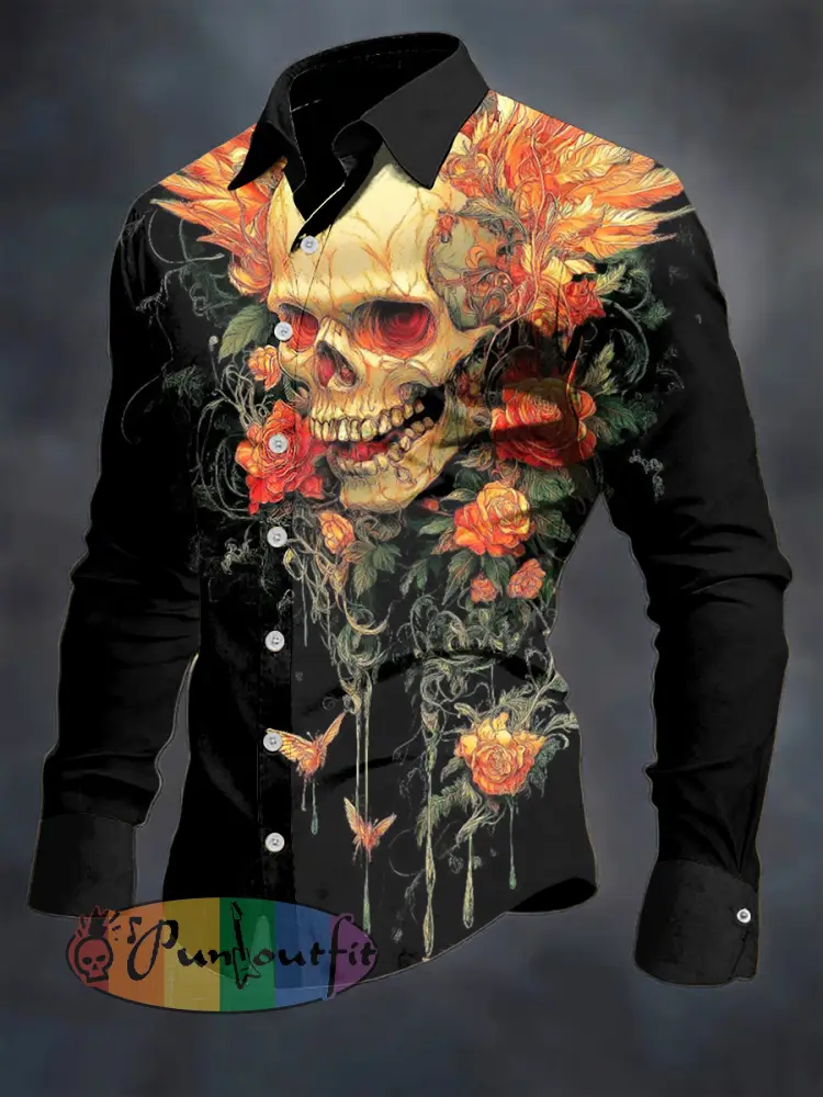 Men’s Skull Flower Printed Long Sleeve Casual Shirt