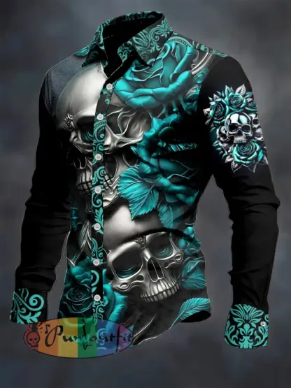 Men’s Skull Flower Printed Long Sleeve Casual Shirt