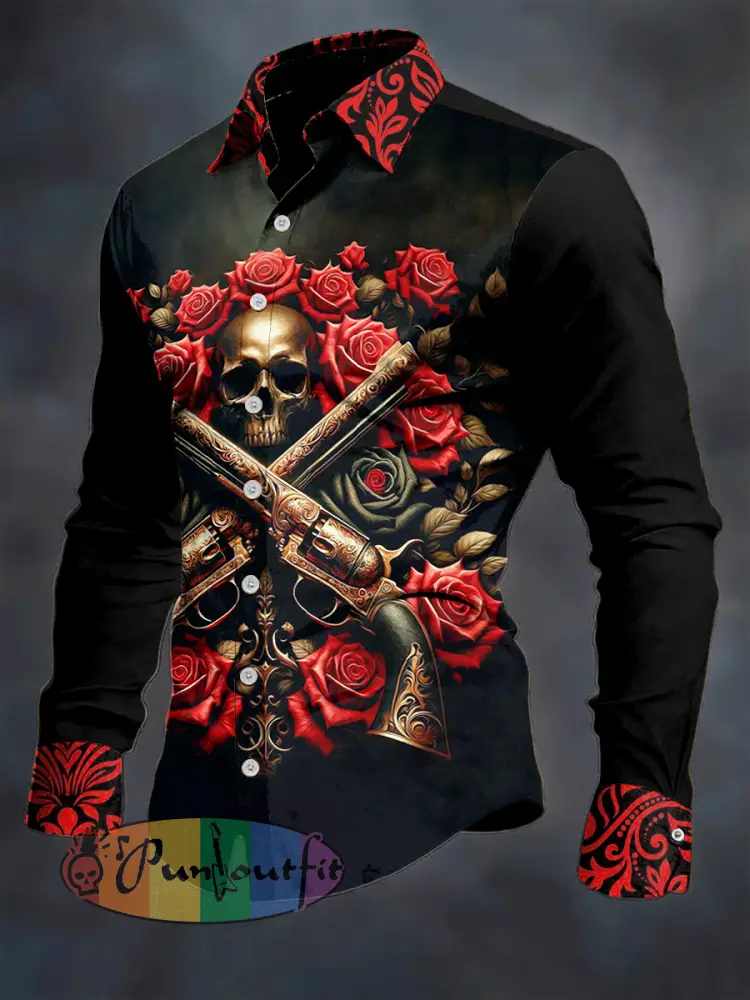 Men’s Skull Flower Printed Long Sleeve Casual Shirt