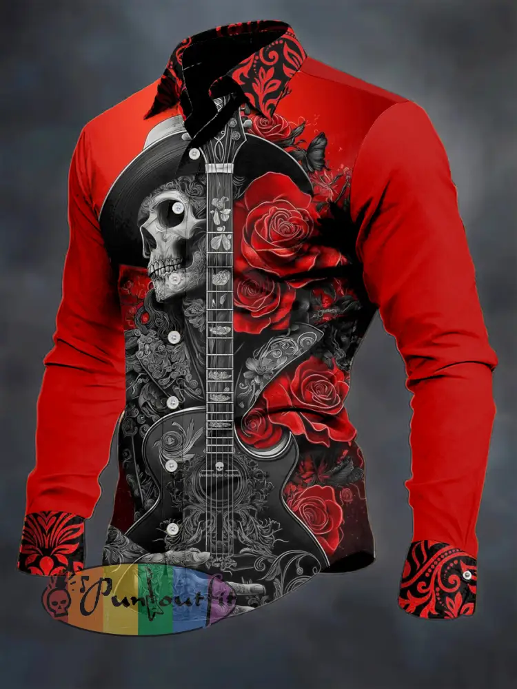 Men’s Skull Flower Printed Long Sleeve Casual Shirt