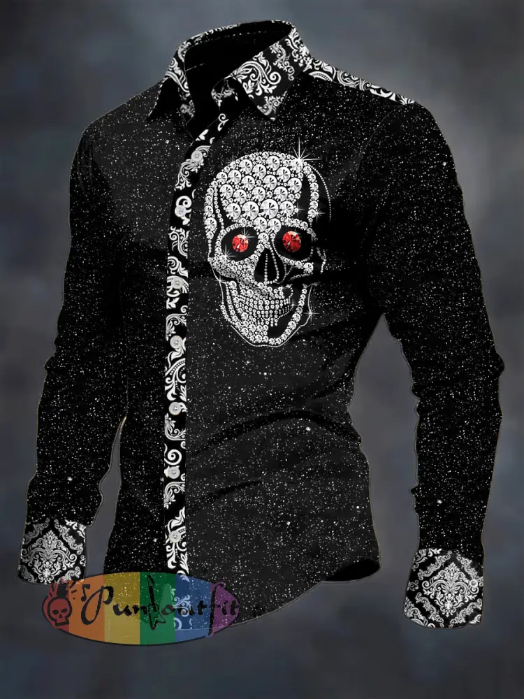 Men’s Diamond Glitter Skull Printed Long Sleeve Casual Shirt