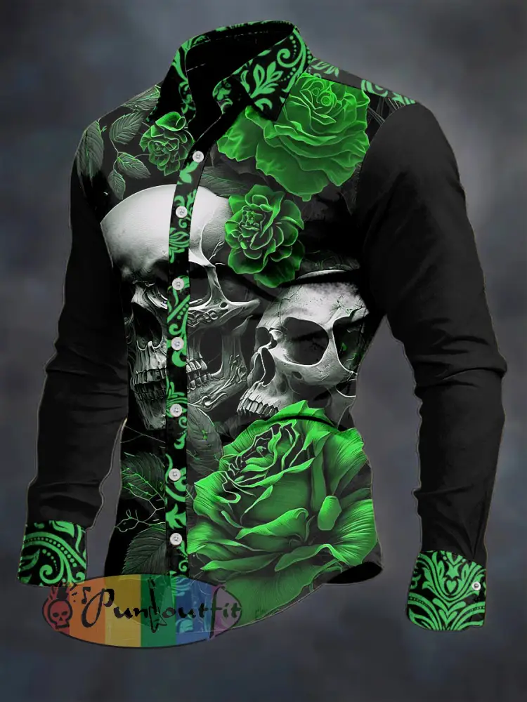 Men’s Skull Flower Printed Long Sleeve Casual Shirt