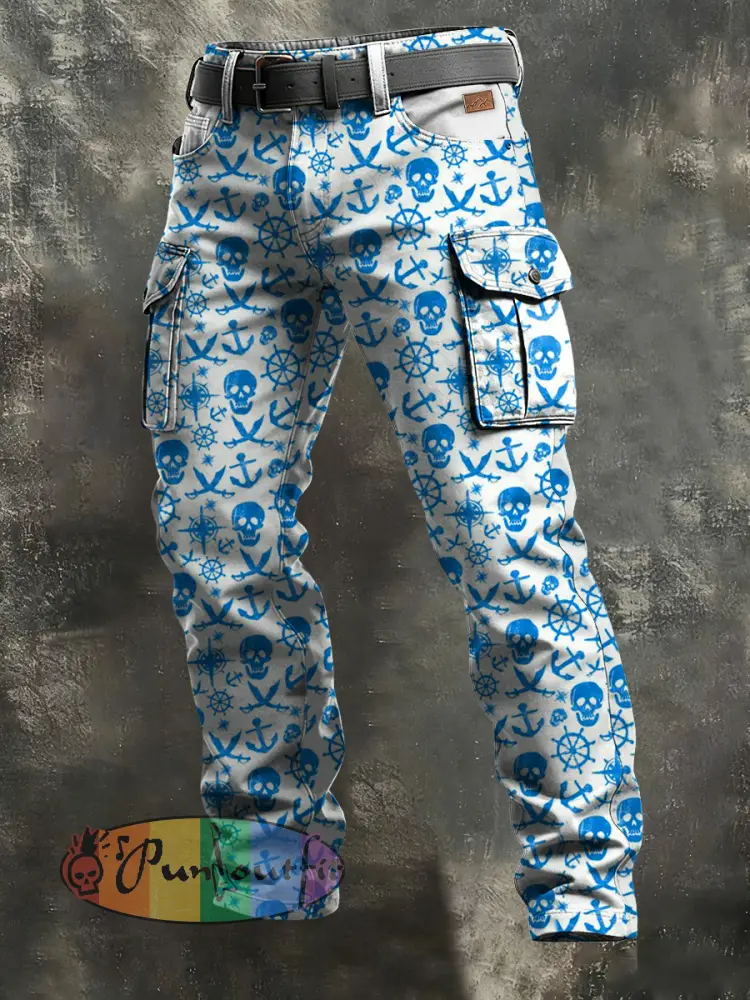 Men’s Retro Vacation Business Skull Art Print Casual Workwear Trousers