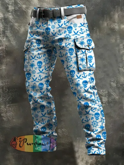 Men’s Retro Vacation Business Skull Art Print Casual Workwear Trousers