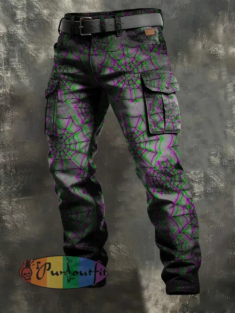 Men’s Retro Vacation Business Psychedelic Spider Web Art Print Casual Workwear Trousers