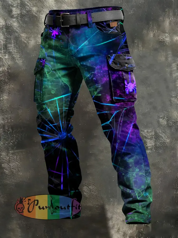 Men’s Retro Vacation Business Spider Web Art Print Casual Workwear Trousers